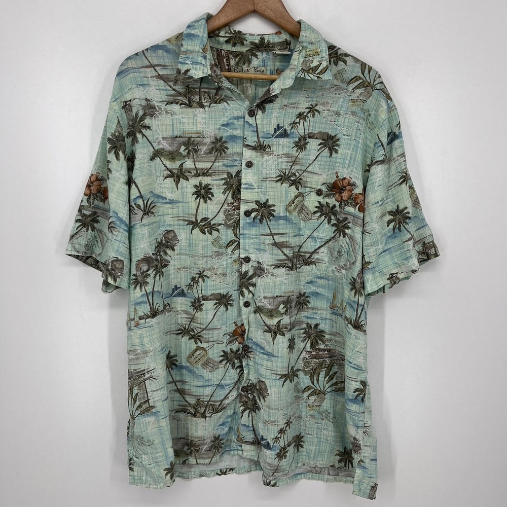 Batik Bay Mens XLT Tropical Palm Tree Hibiscus Rayon Aloha Camp Shirt Blue